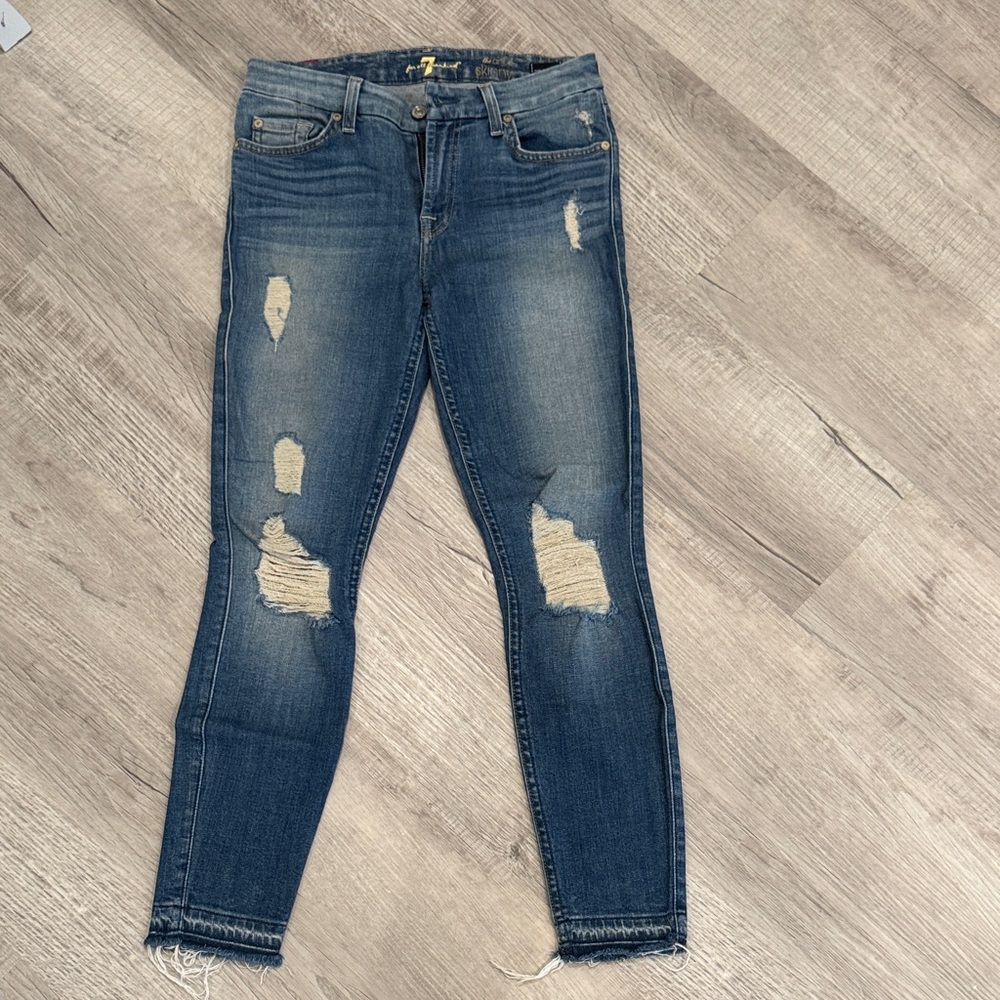 7 For All Mankind Distressed Skinny Jeans - Blue